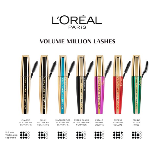 L’Oréal Paris - Volume Million Lashes - Classic - Black Waterproof - Zwart - Waterproof Volume Mascara met Kamille en Zwarte Orchidee Oliën - 10,7 ml - voordeelverpakking - 3 Stuks