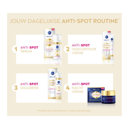 Sérum visage anti-taches NIVEA Cellular LUMINOUS630 - Élimine les taches pigmentaires - Sérum visage pour tous types de peau - Soin à l'acide hyaluronique et à la vitamine E - 30 ml