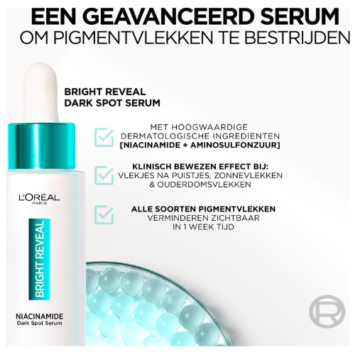 Sérum Niacinamide Revitalift Bright Reveal de L'Oréal Paris - Enrichi en Mélasyl - Contre les taches pigmentaires et le teint terne - 30 ml