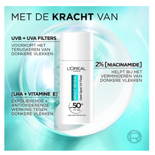 L'Oréal Bright Reveal Dark Spot Fluid Hydratant UV avec SPF 50+ - pour un teint plus éclatant - Réduit et corrige les taches pigmentaires - 50 ml