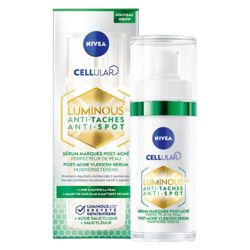 Sérum visage anti-taches post-acné NIVEA Cellular LUMINOUS630 - Soin acné - Soin peaux impures - Sérum visage à l'acide salicylique et à l'acide hyaluronique - 30 ml