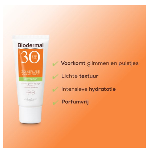Biodermal Sunscreen - Fluide Solaire Matifiant Visage SPF 30 - 40 ml - Prévient brillance et boutons