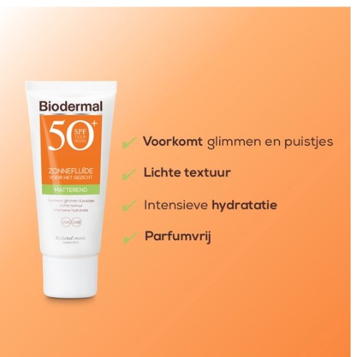 Biodermal Sunscreen - Fluide Solaire Matifiant Visage SPF 50 - 40 ml - Prévient brillance et boutons