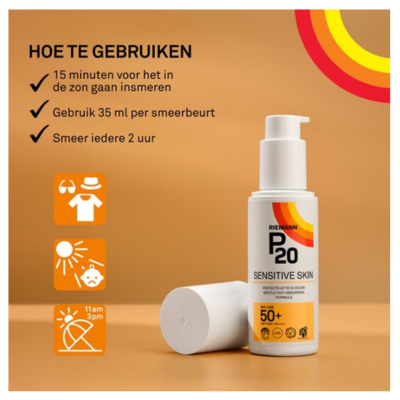 P20 Sensitive Skin SPF 50+ - Zonnebrand crème voor de gevoelige huid - Tot 10 uur zonbescherming - Hoge UVA-bescherming - 100% parfumvrij - factor 50+ - 200 ml