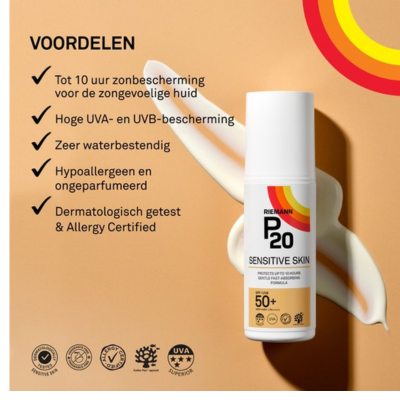 P20 Sensitive Skin SPF 50+ - Zonnebrand crème voor de gevoelige huid - Tot 10 uur zonbescherming - Hoge UVA-bescherming - 100% parfumvrij - factor 50+ - 200 ml
