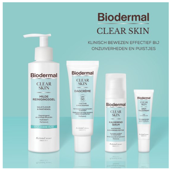 Biodermal Clear Skin Dagcreme SPF 50, 30 ml - met UVA/UVB en Niacinamide, Vermindert onzuiverheden en puistjes, Hydrateert en helpt donkere vlekjes te voorkomen, Parfumvrij, voor Onzuivere huid