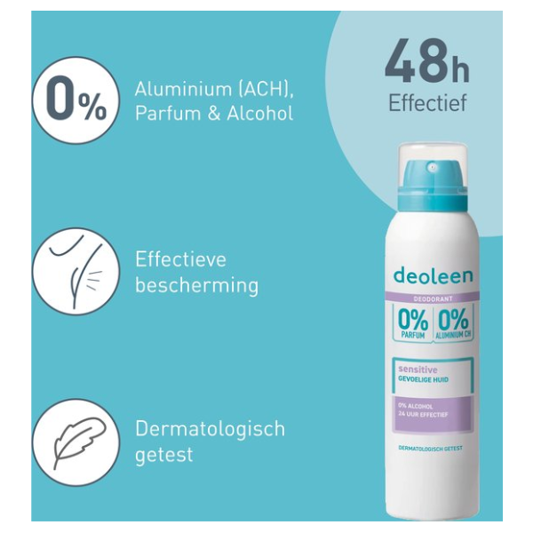 Deoleen 0% Aluminium - Deodorant Sensitive - 24 uur effectieve bescherming - 0% parfum & 0% alcohol - deodorant - 3x 150ml