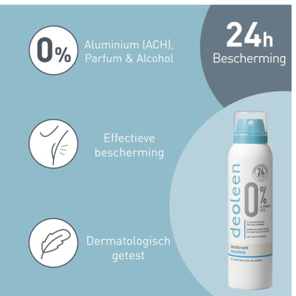 Deoleen 0% Aluminium - Deodorant Sensitive - 24 uur effectieve bescherming - 0% parfum & 0% alcohol - deodorant - 3x 150ml