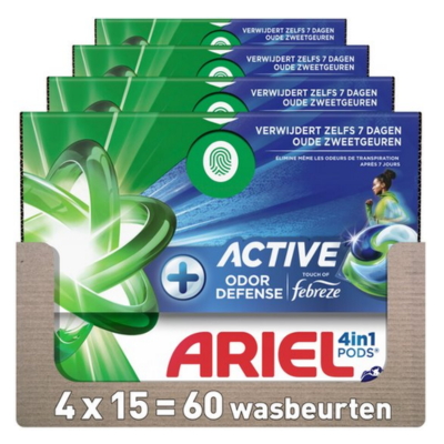 Ariel 4in1 Wasmiddel Pods Actieve Geurbestrijding - 4 x 15 stuks - Voordeelverpakking