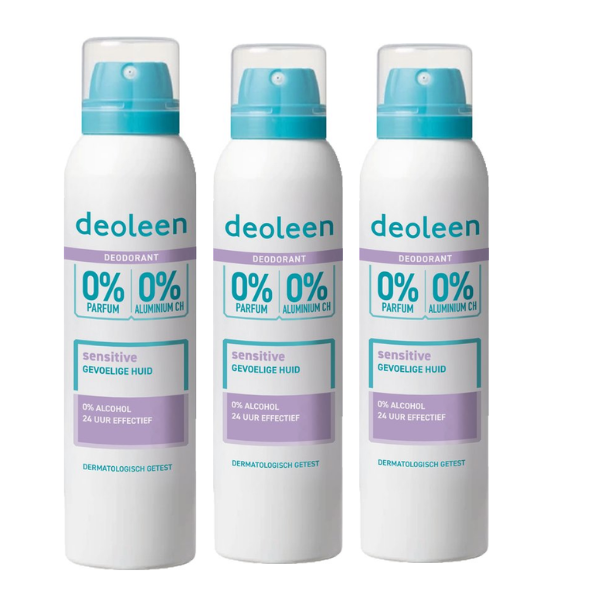 Deoleen 0% Aluminium - Deodorant Sensitive - 24 uur effectieve bescherming - 0% parfum & 0% alcohol - deodorant - 3x 150ml