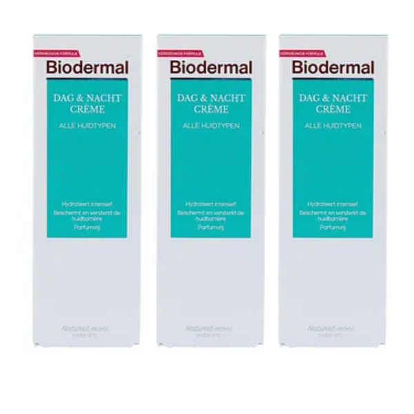 Biodermal dag- en nachtcrème, - Hydrateert, Voedt en Verzacht, Vult tekorten aan, Verbetert de vochtbalans, voor alle huidtypen - 3x  100ml